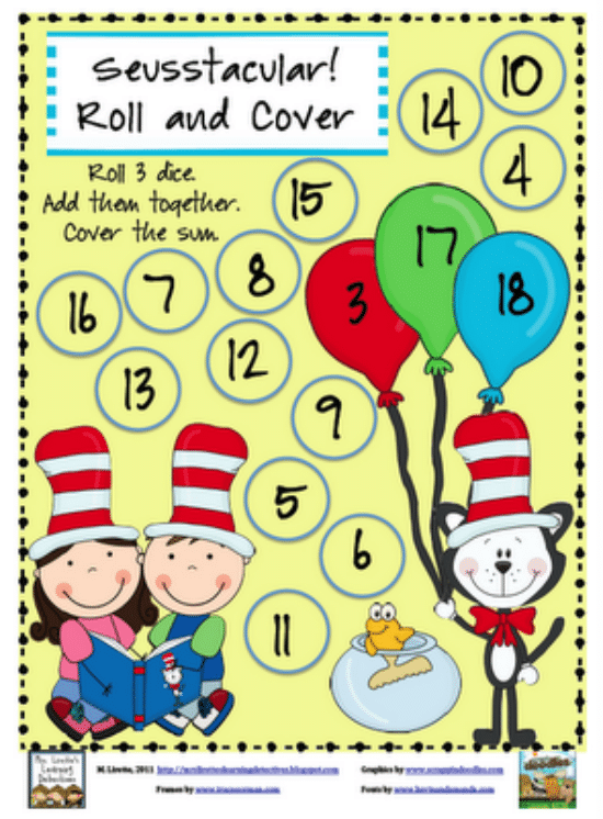 6 Dr. Seuss Inspired Math Activities {Free Download} - Seusstacular Roll and Cover