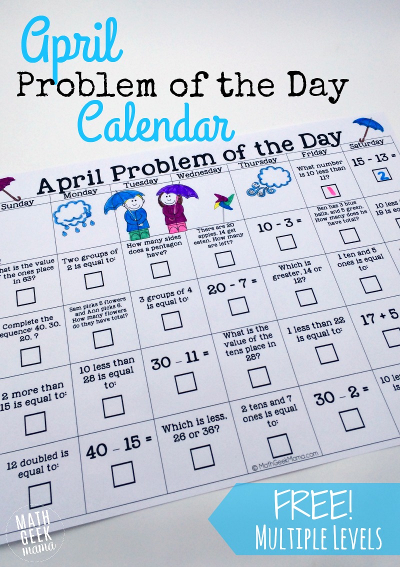 Free April Math Drawback of the Day Calendar